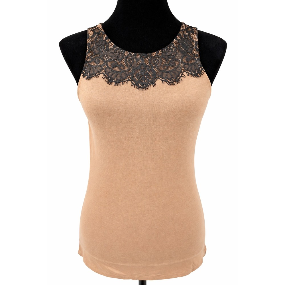 Express Design Studio Womens Black Lace Yoke Zip Up Tank Top Small Brown Knit